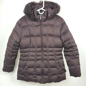Calvin Klein Brown Duck Down Hooded Faux Fur Trim Puffer Jacket Coat Womens L
